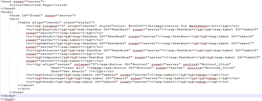 HTML code of Marksheet Web Form